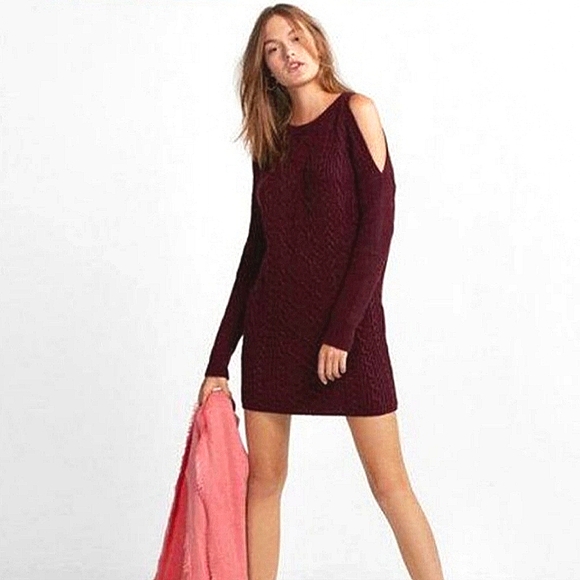 Express Dresses & Skirts - HP🎉 Express Cold Shoulder Burgundy Cable Knit Sweater Dress - Size XS TP